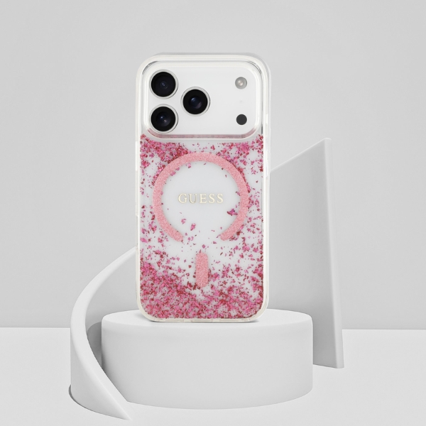 Dėklas Guess Resin Bottom Glitter MagSafe Case for iPhone 18 Pro / 17 Pro - Rožinė aprašymas - Prekės nuotrauka