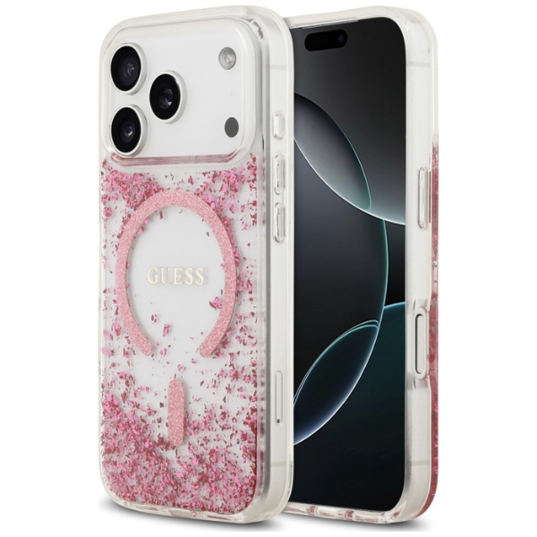 Guess Resin Bottom Glitter MagSafe dėklas, skirtas iPhone 18 Pro Max / 17 Pro Max - Rožinė aprašymas - Prekės nuotrauka