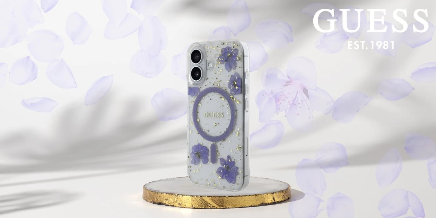 Guess Resin Flowers Glitter MagSafe dėklas iPhone 16 - violetinė aprašymas - Prekės nuotrauka
