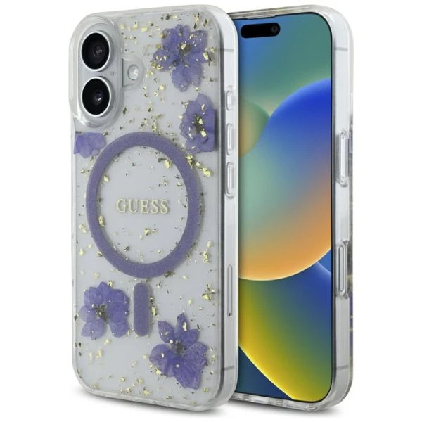 Guess Resin Flowers Glitter MagSafe dėklas iPhone 16 - violetinė aprašymas - Prekės nuotrauka