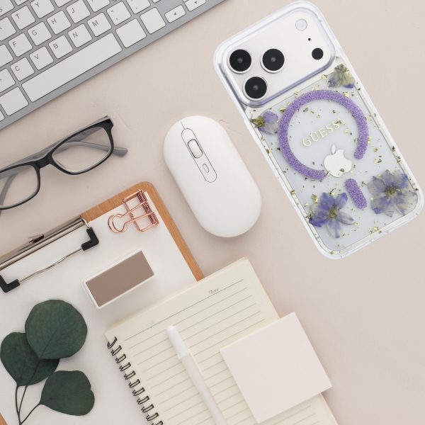 Dėklas Guess Resin Flowers Glitter MagSafe Case for iPhone 18 Pro / 17 Pro - Violetinė aprašymas - Prekės nuotrauka