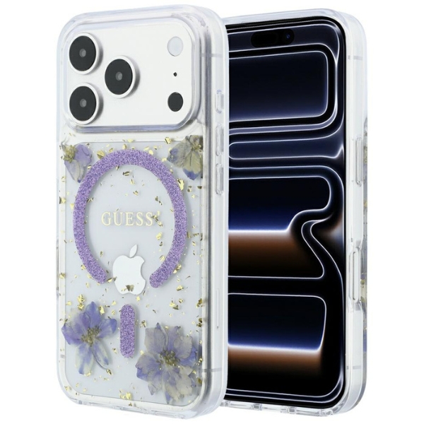 Dėklas Guess Resin Flowers Glitter MagSafe Case for iPhone 18 Pro / 17 Pro - Violetinė aprašymas - Prekės nuotrauka
