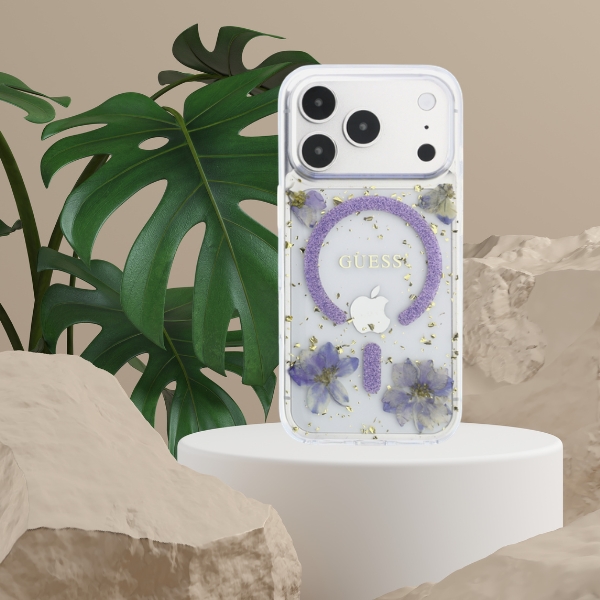 Dėklas Guess Resin Flowers Glitter MagSafe Case for iPhone 18 Pro Max / 17 Pro Max - Violetinė aprašymas - Prekės nuotrauka