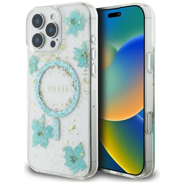Guess Resin Flowers Glitter MagSafe iPhone 16 Pro Dėklas - Skaidrus Žalias aprašymas - Prekės nuotrauka