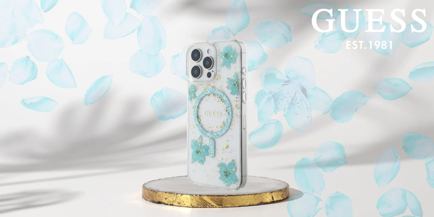 Guess Resin Flowers Glitter MagSafe iPhone 16 Pro Dėklas - Skaidrus Žalias aprašymas - Prekės nuotrauka