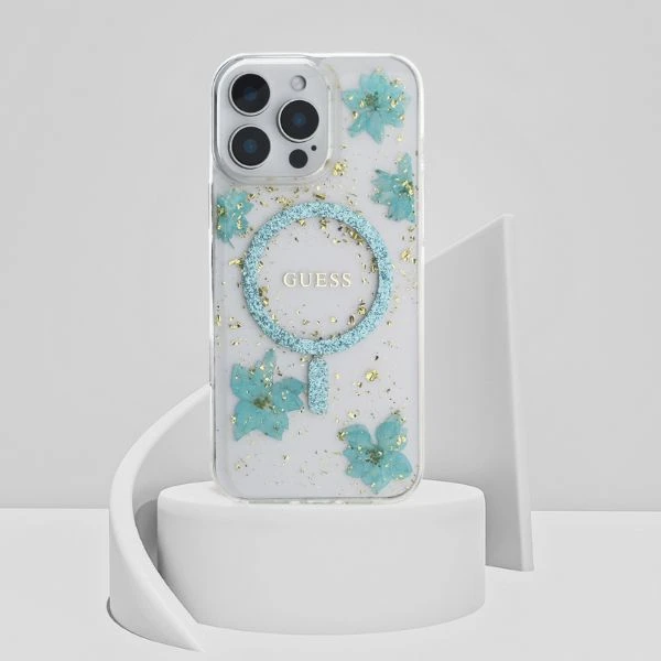 Guess Resin Flowers Glitter MagSafe iPhone 16 Pro Dėklas - Skaidrus Žalias aprašymas - Prekės nuotrauka