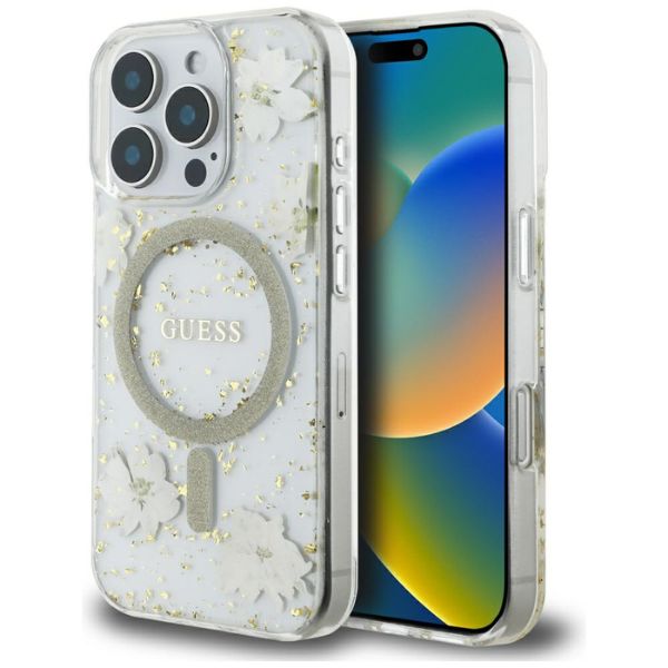Dėklas Guess Resin Flowers Glitter MagSafe iPhone 16 Pro Case - rusvai gelsvas aprašymas - Prekės nuotrauka