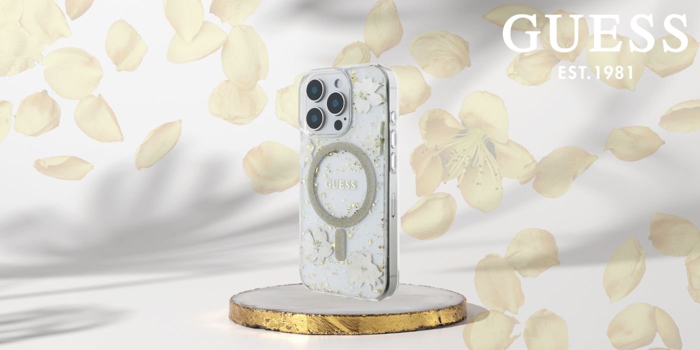Dėklas Guess Resin Flowers Glitter MagSafe iPhone 16 Pro Case - rusvai gelsvas aprašymas - Prekės nuotrauka