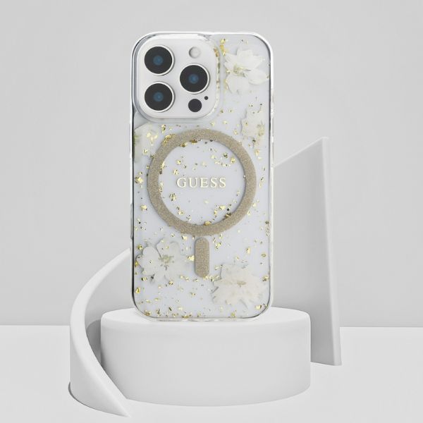 Dėklas Guess Resin Flowers Glitter MagSafe iPhone 16 Pro Case - rusvai gelsvas aprašymas - Prekės nuotrauka