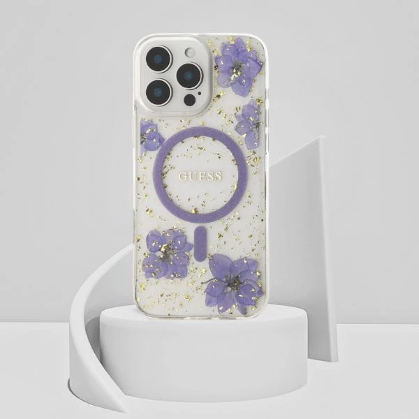 Guess Resin Flowers MagSafe dėklas iPhone 16 Pro - violetinė aprašymas - Prekės nuotrauka