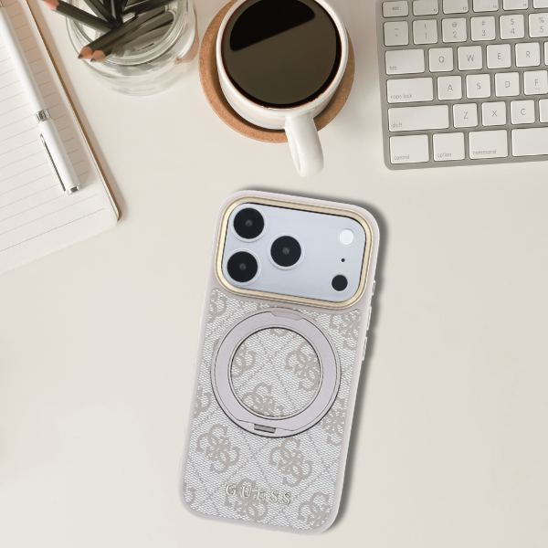 Dėklas Guess Ring Stand 360 4G Classic Logo MagSafe Case, skirtas iPhone 17 Pro Max / 18 Pro Max - Rožinė aprašymas - Prekės nuotrauka