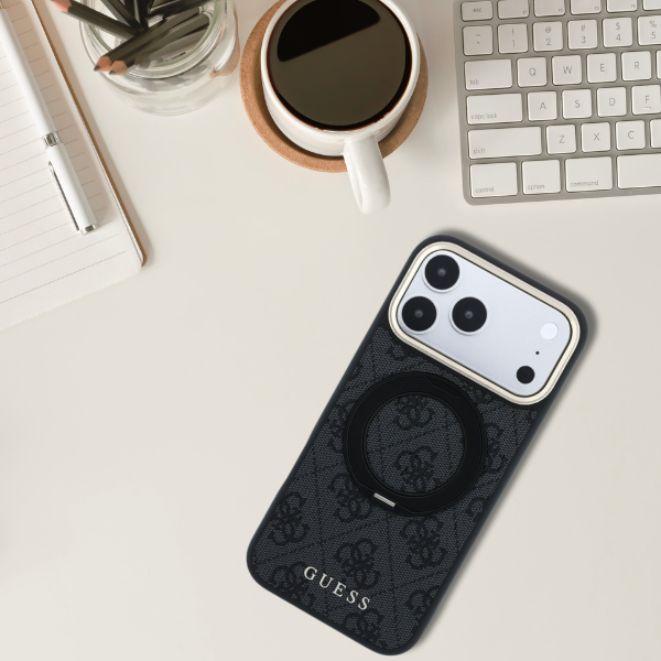 Dėklas Guess Ring Stand 360 4G Classic Logo MagSafe Case, skirta iPhone 17 Pro Max / 18 Pro Max - Juoda aprašymas - Prekės nuotrauka