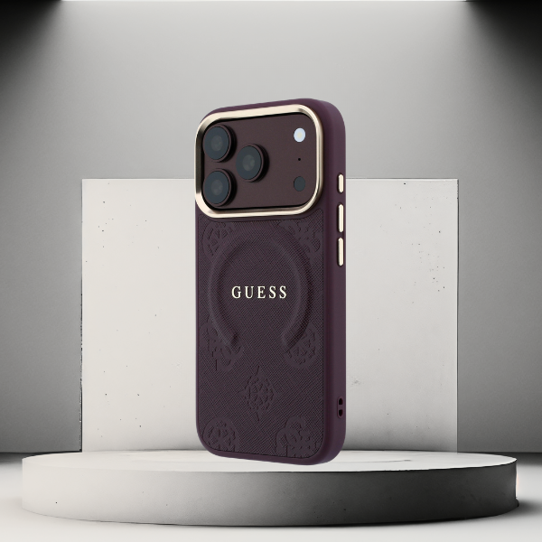 Guess Saffiano Peony & Ring MagSafe dėklas, skirtas iPhone 17 Pro / 18 Pro – bordo spalvos aprašymas - Prekės nuotrauka