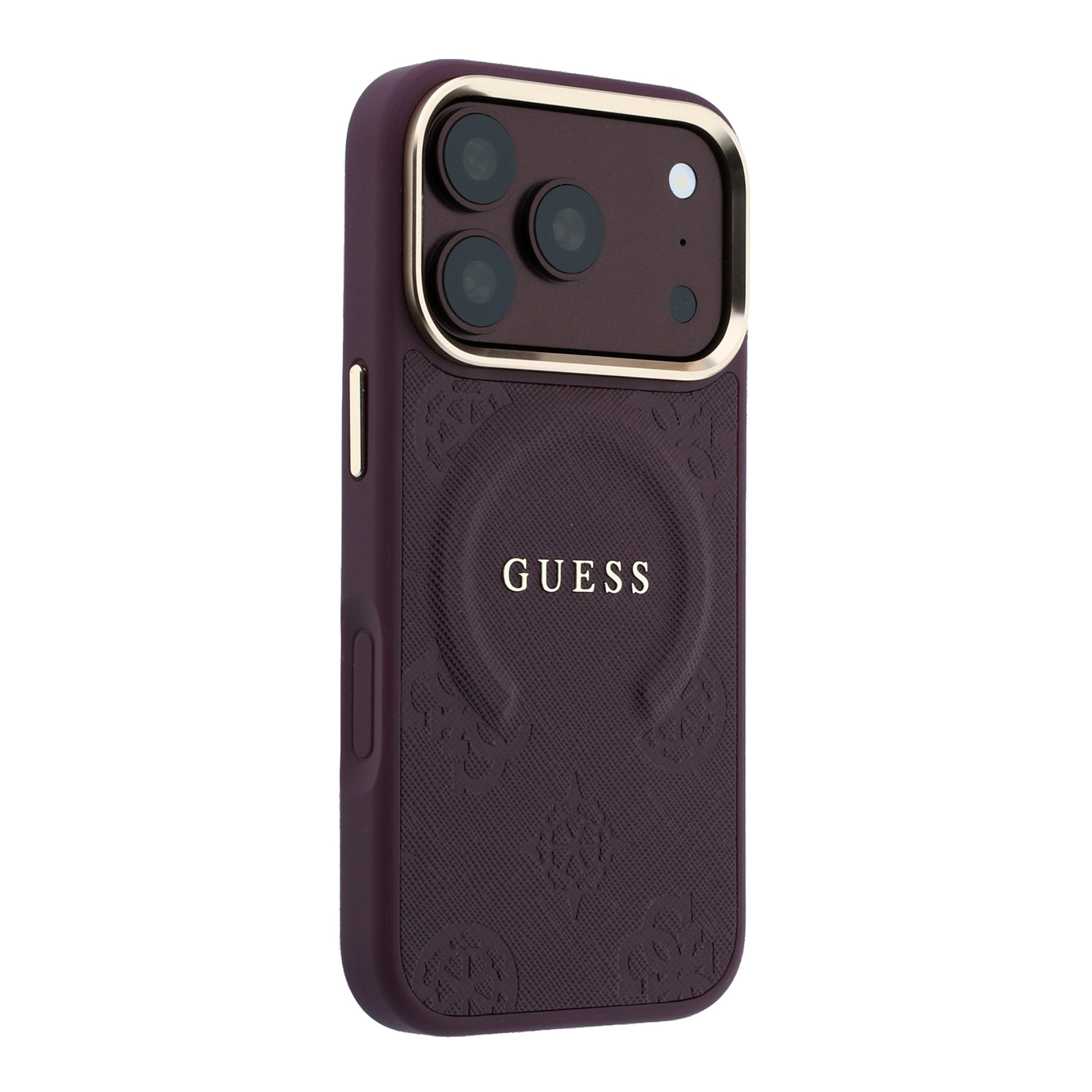 Guess Saffiano Peony & Ring apsauginis dėklas su MagSafe, skirtas iPhone 17 Pro Max / 18 Pro Max – bordo spalvos aprašymas - Prekės nuotrauka