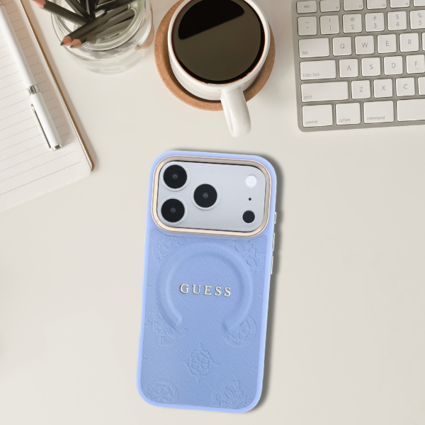 Dėklas Guess Saffiano Peony & Ring MagSafe case for iPhone 17 Pro / 18 Pro - šviesiai mėlyna aprašymas - Prekės nuotrauka