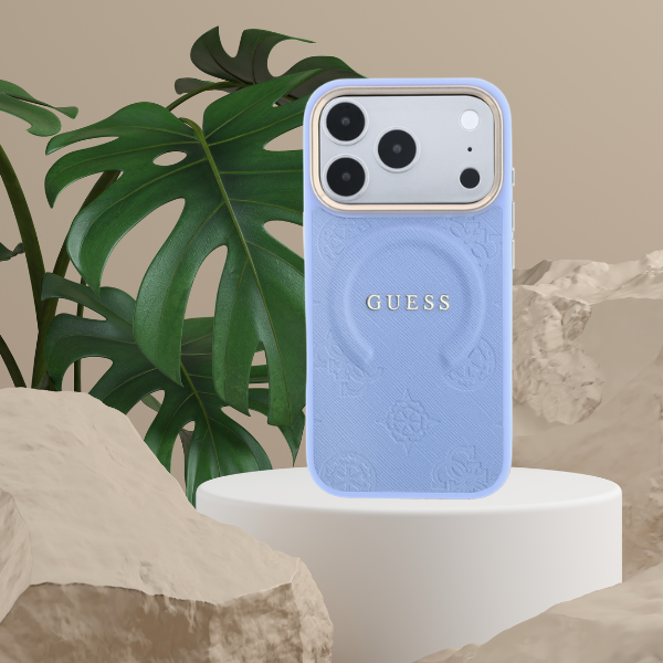 Guess Saffiano Peony & Ring MagSafe dėklas, skirtas iPhone 17 Pro Max / 18 Pro Max – šviesiai mėlynas aprašymas - Prekės nuotrauka