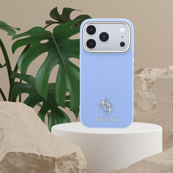 Guess Saffiano Small 4G & Classic Logo MagSafe dėklas iPhone 18 Pro / 17 Pro - Šviesiai mėlyna aprašymas - Prekės nuotrauka