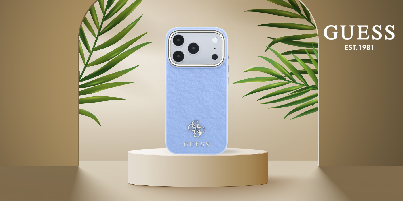 Guess Saffiano Small 4G & Classic Logo MagSafe dėklas iPhone 18 Pro Max / 17 Pro Max - Šviesiai mėlyna aprašymas - Prekės nuotrauka