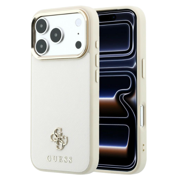 Guess Saffiano Small 4G & Classic Logo MagSafe dėklas, skirtas iPhone 17 Pro Max / 18 Pro Max - smėlio spalvos aprašymas - Prekės nuotrauka