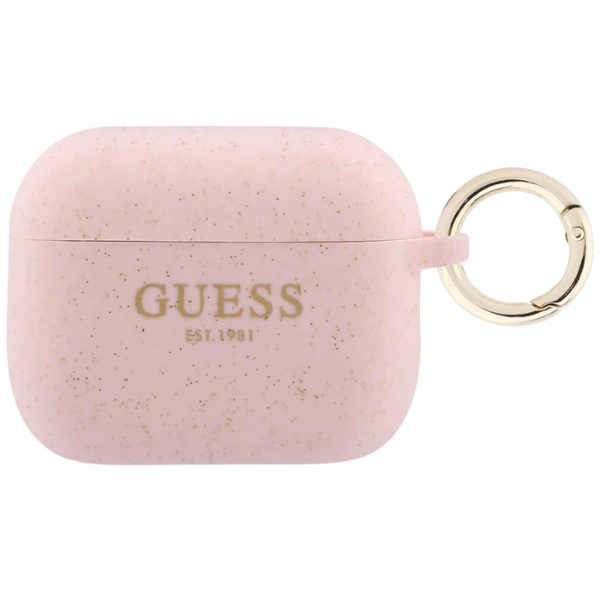 Guess silikoninis blizgučių žiedinis dėklas AirPods Pro 3 ausinėms - Rožinė aprašymas - Prekės nuotrauka