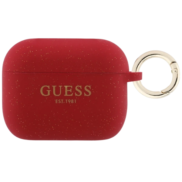 „Guess“ silikoninis blizgučių žiedinis dėklas, skirtas „AirPods Pro 3“ ausinėms – Raudona ir blizgučiai aprašymas - Prekės nuotrauka