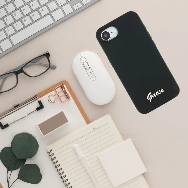 Dėklas Guess Silicone Script Metal Logo MagSafe iPhone 16e Case - Juodas aprašymas - Prekės nuotrauka