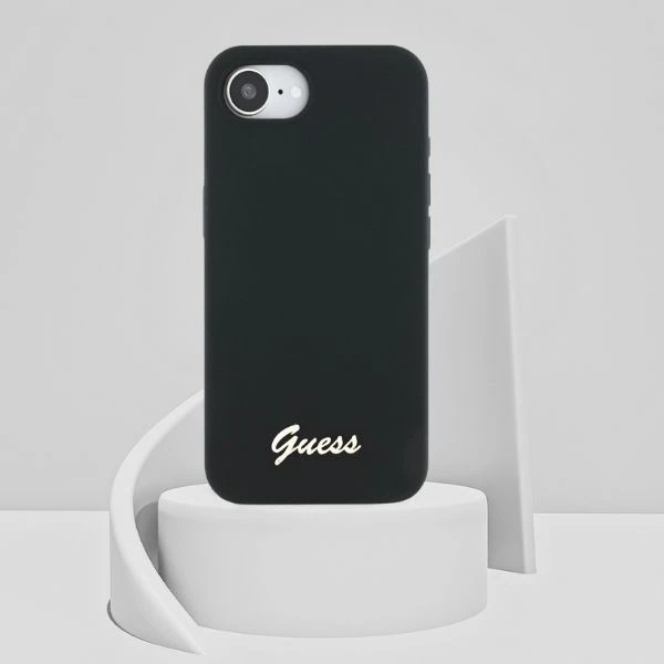 Dėklas Guess Silicone Script Metal Logo MagSafe iPhone 16e Case - Juodas aprašymas - Prekės nuotrauka