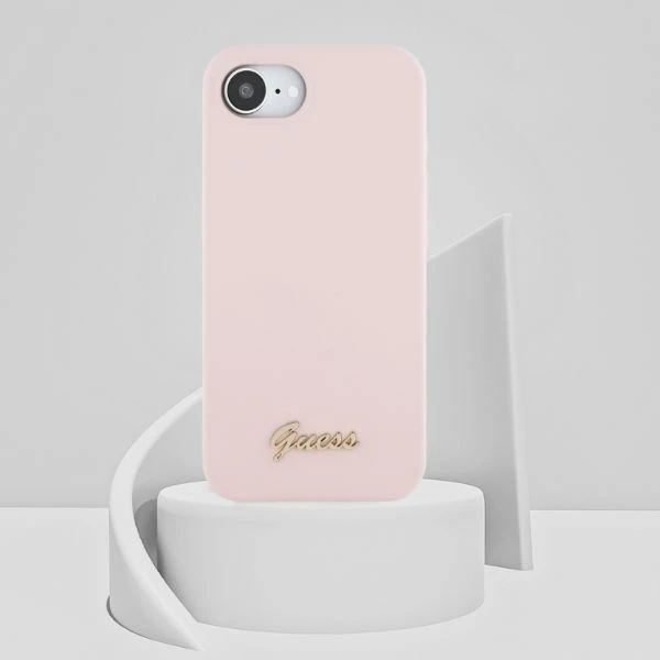 Dėklas Guess Silicone Script Metal Logo MagSafe iPhone 16e Case - Rožinė aprašymas - Prekės nuotrauka