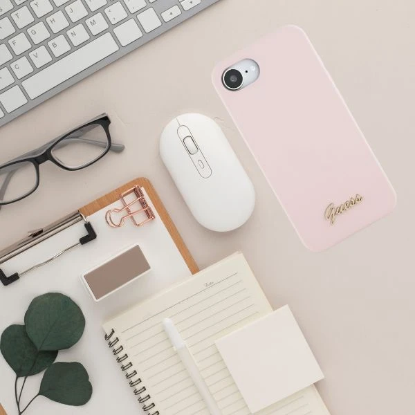 Dėklas Guess Silicone Script Metal Logo MagSafe iPhone 16e Case - Rožinė aprašymas - Prekės nuotrauka