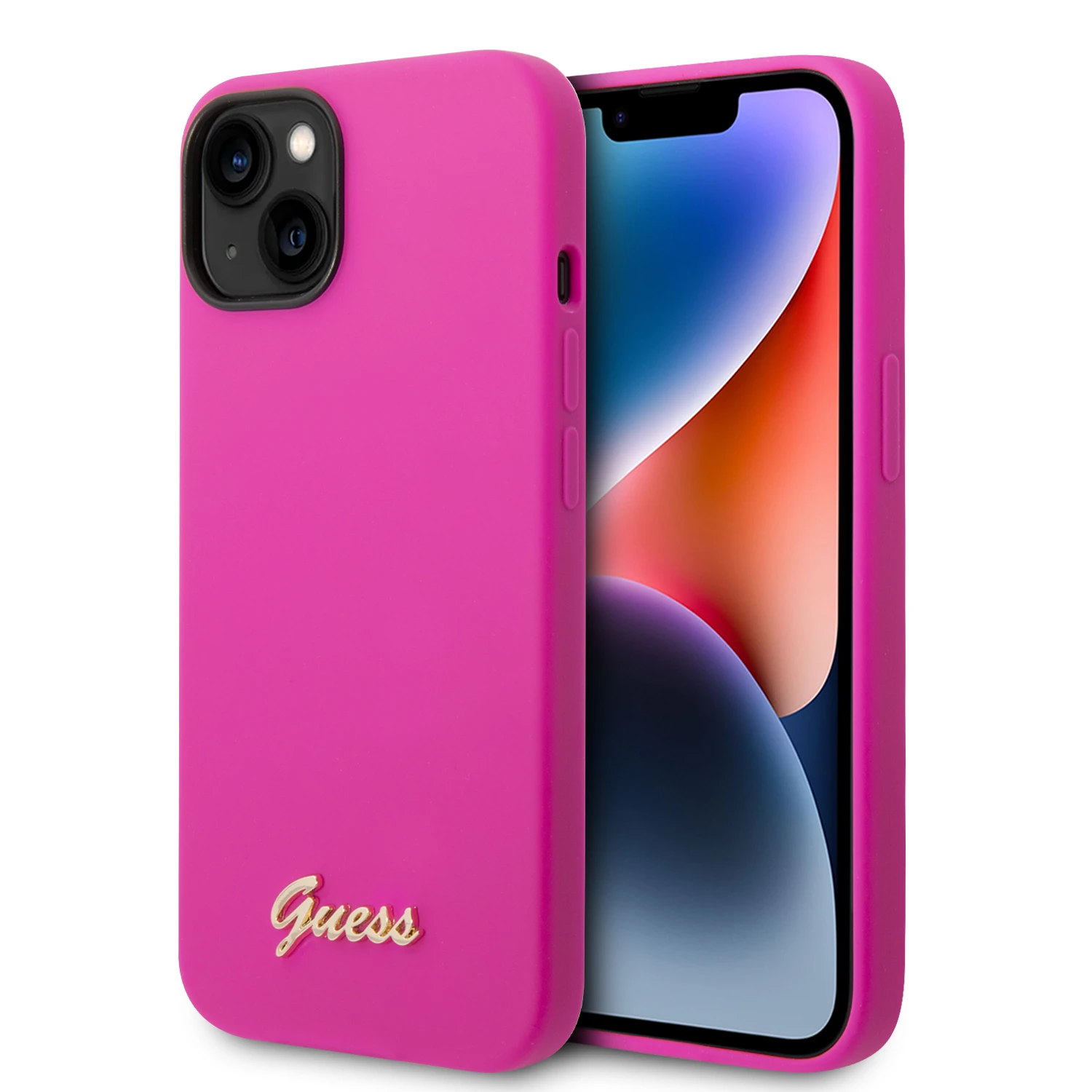 „Guess“ silikoninis vintažinis auksinis logotipo dėklas iPhone 14 / 15 Plus – fuksijos spalvos aprašymas - Prekės nuotrauka