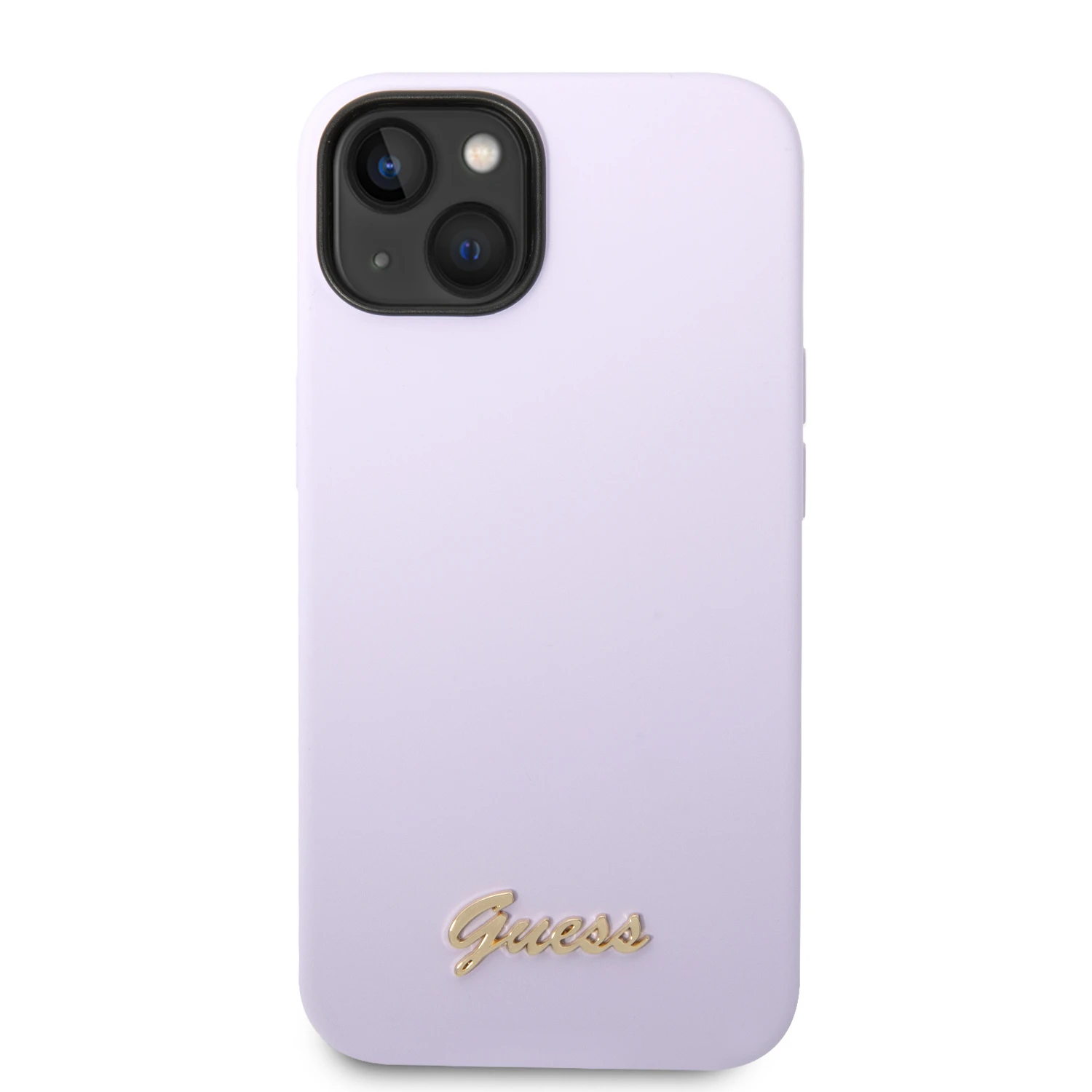 „Guess“ silikoninis vintažinis auksinis logotipo dėklas iPhone 14 / 15 Plus - Violetinė aprašymas - Prekės nuotrauka