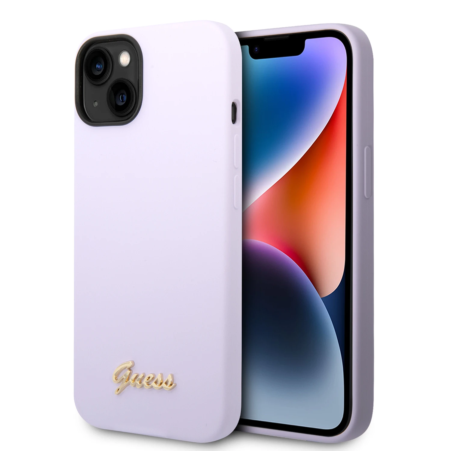 „Guess“ silikoninis vintažinis auksinis logotipo dėklas iPhone 14 / 15 Plus - Violetinė aprašymas - Prekės nuotrauka