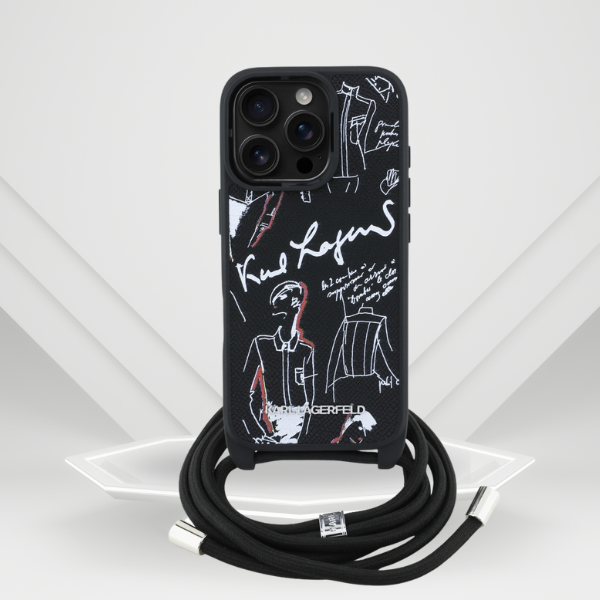 Dėklas Karl Lagerfeld Crossbody Grained Pattern & Logo Case for iPhone 16 Pro Max - Juodas aprašymas - Prekės nuotrauka