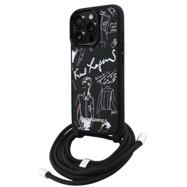 Dėklas Karl Lagerfeld Crossbody Grained Pattern & Logo Case for iPhone 16 Pro Max - Juodas aprašymas - Prekės nuotrauka