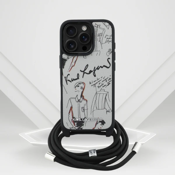 Dėklas Karl Lagerfeld Crossbody Grained Pattern & Logo Case for iPhone 16 Pro - Gray aprašymas - Prekės nuotrauka