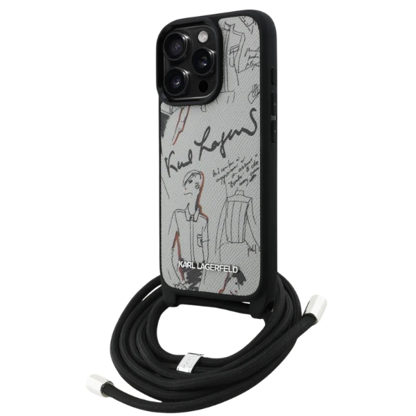 Dėklas Karl Lagerfeld Crossbody Grained Pattern & Logo Case for iPhone 16 Pro Max - Gray aprašymas - Prekės nuotrauka