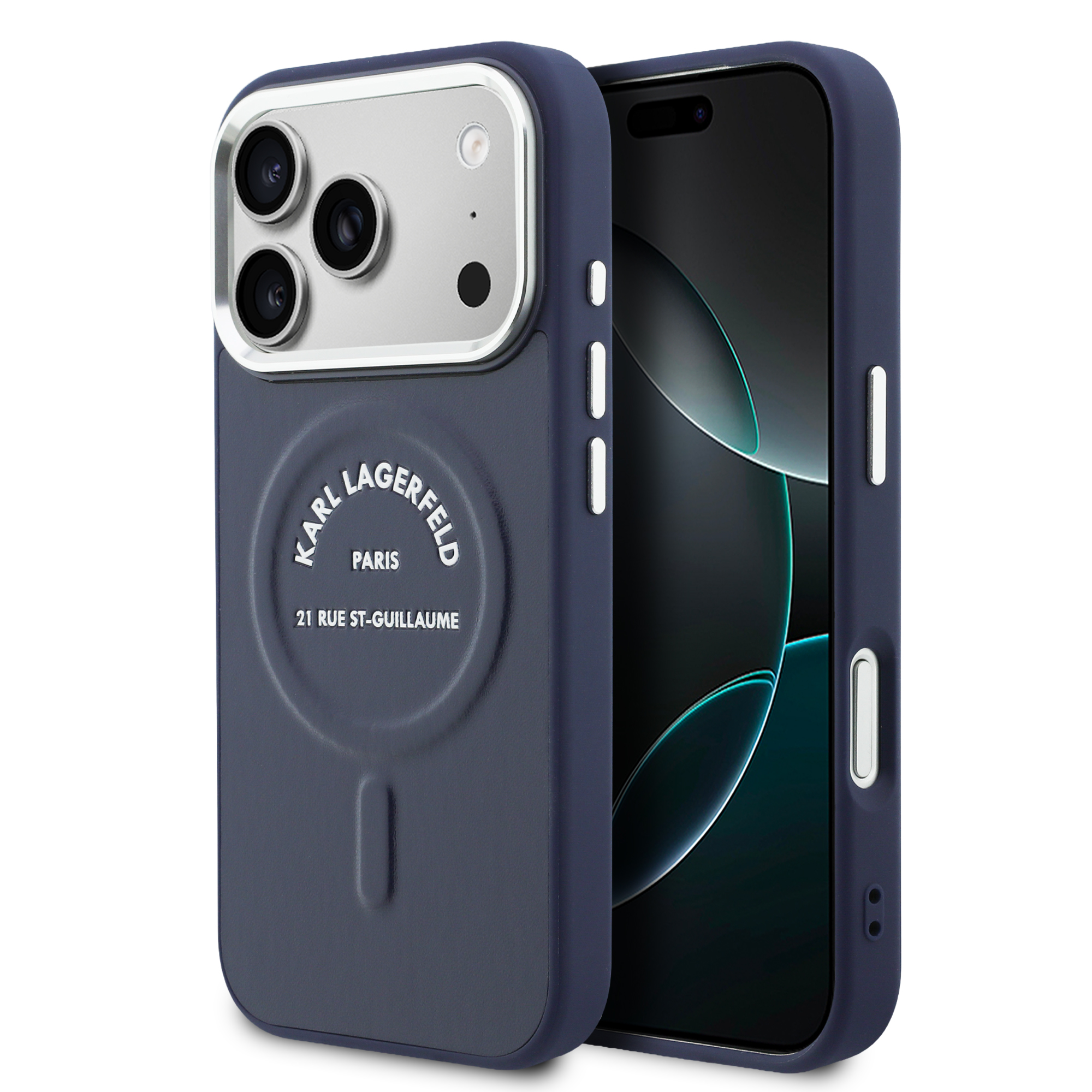 Karl Lagerfeld reljefinis atvirasis žiedas RSG logotipas MagSafe dėklas iPhone 18 Pro / 17 Pro - Mėlyna aprašymas - Prekės nuotrauka