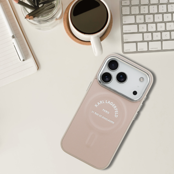 Dėklas Karl Lagerfeld Embossed Open Ring RSG Logo MagSafe Case for iPhone 17 Pro / 18 Pro - Rožinė aprašymas - Prekės nuotrauka