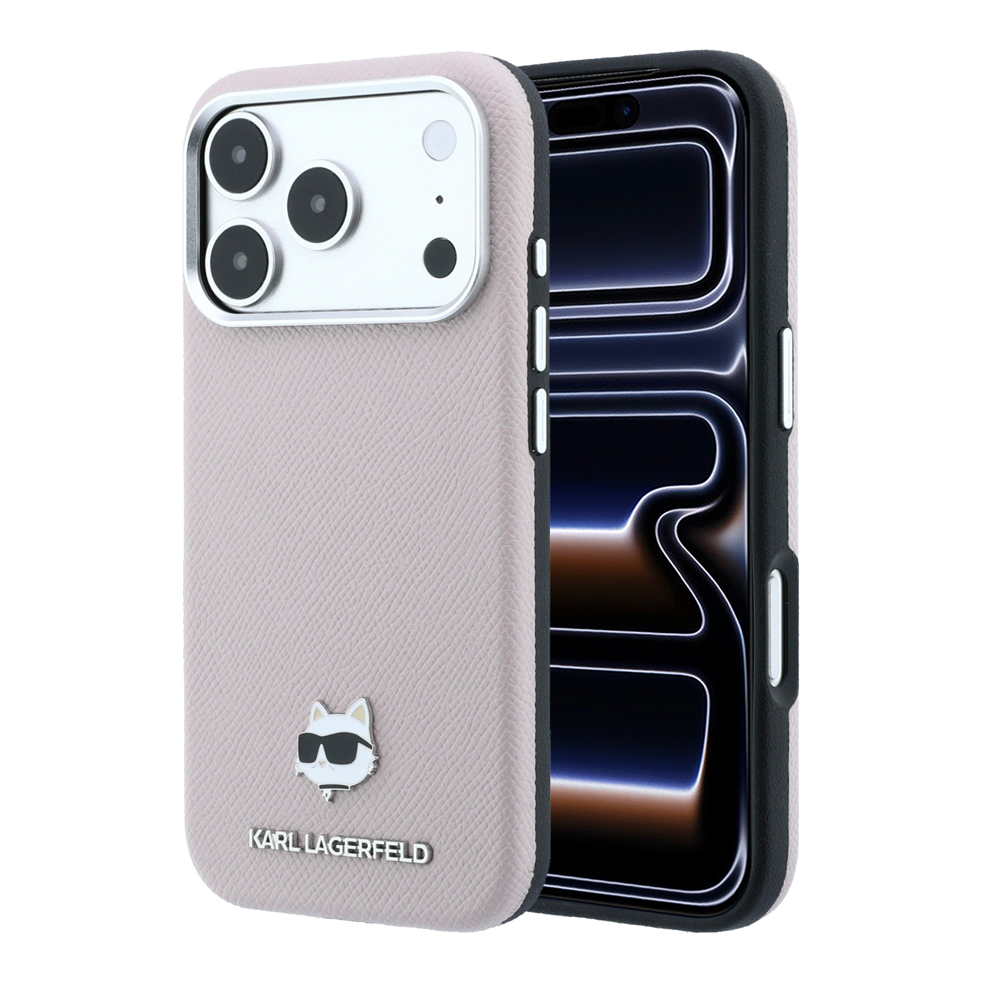 Karl Lagerfeld raštuotos odos Choupette galvutės metalinis MagSafe dėklas, skirtas iPhone 17 Pro Max / 18 Pro Max – Rožinė aprašymas - Prekės nuotrauka