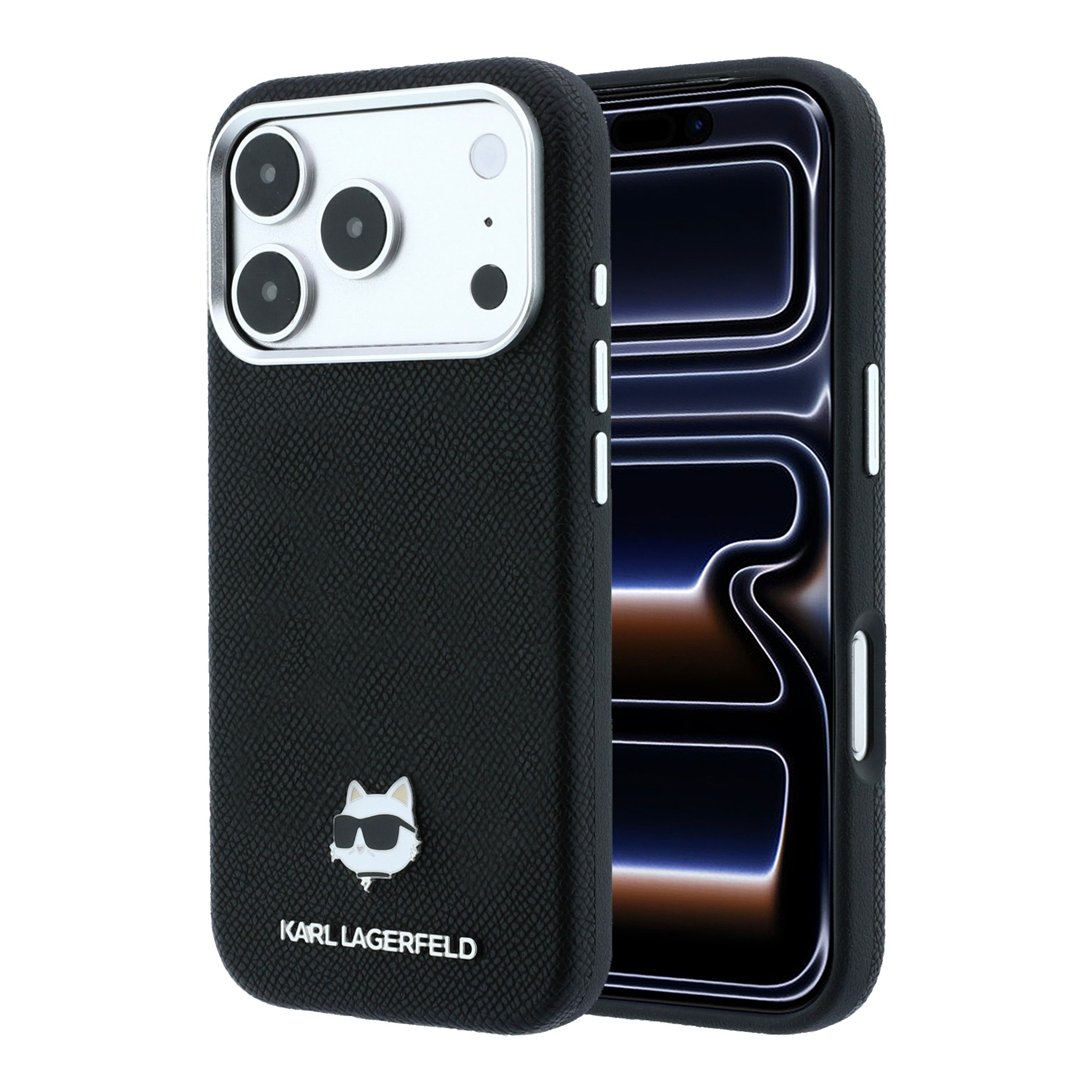 Karl Lagerfeld Grūdėtos odos Choupette galvutė Metal MagSafe dėklas, skirtas iPhone 17 Pro Max / 18 Pro Max - Juodas aprašymas - Prekės nuotrauka