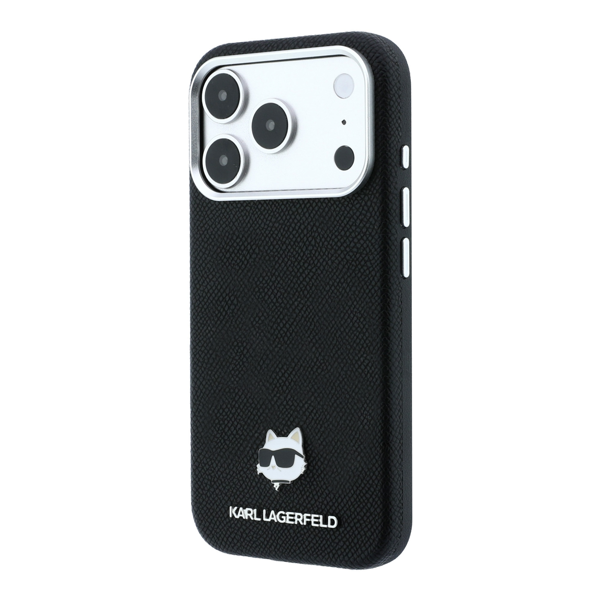 Karl Lagerfeld Grūdėtos odos Choupette galvutė Metal MagSafe dėklas, skirtas iPhone 17 Pro Max / 18 Pro Max - Juodas aprašymas - Prekės nuotrauka