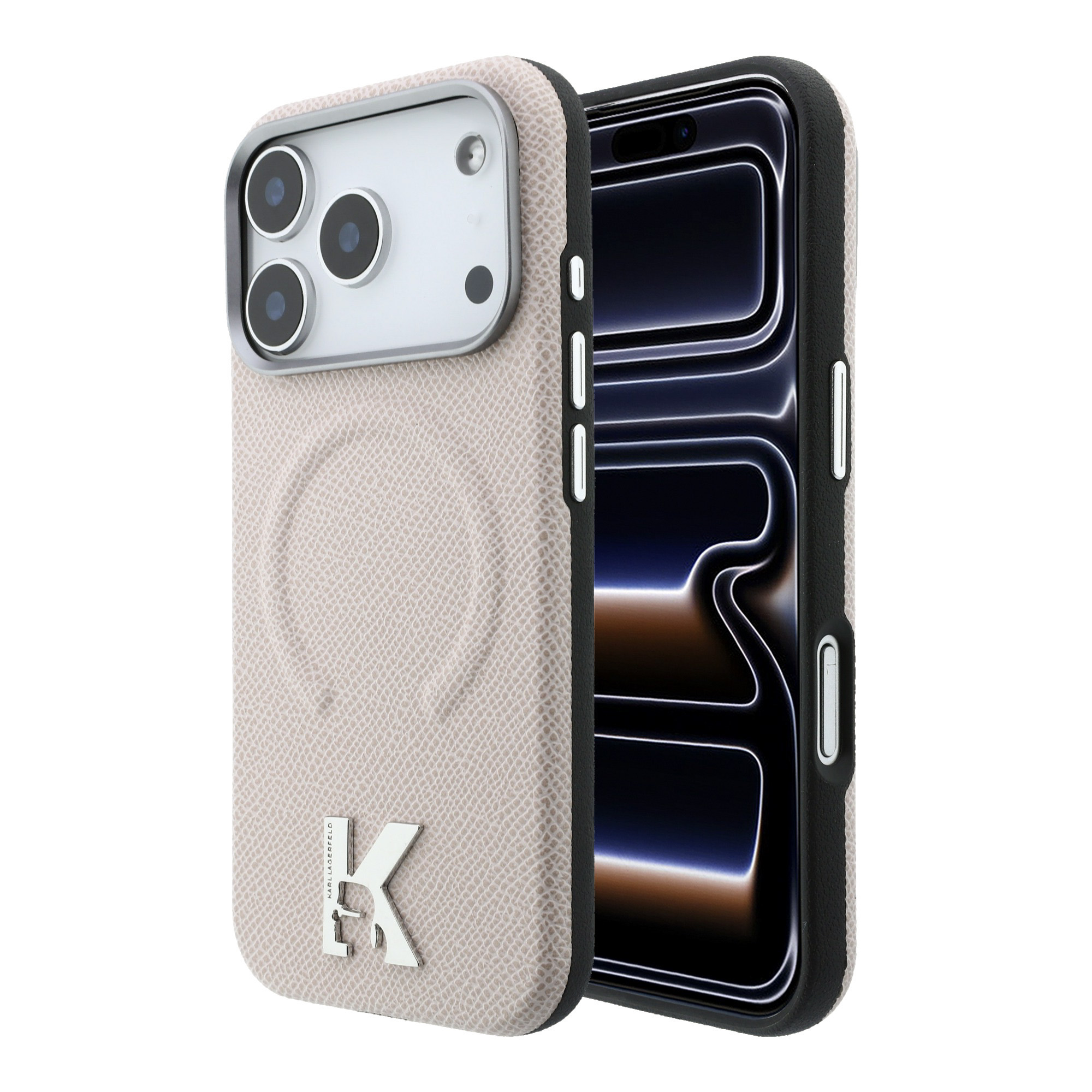 Karl Lagerfeld grūdėtos faktūros reljefinis žiedas ir Kameo logotipas MagSafe dėklas iPhone 18 Pro Max / 17 Pro Max - rusvai gelsvas aprašymas - Prekės nuotrauka