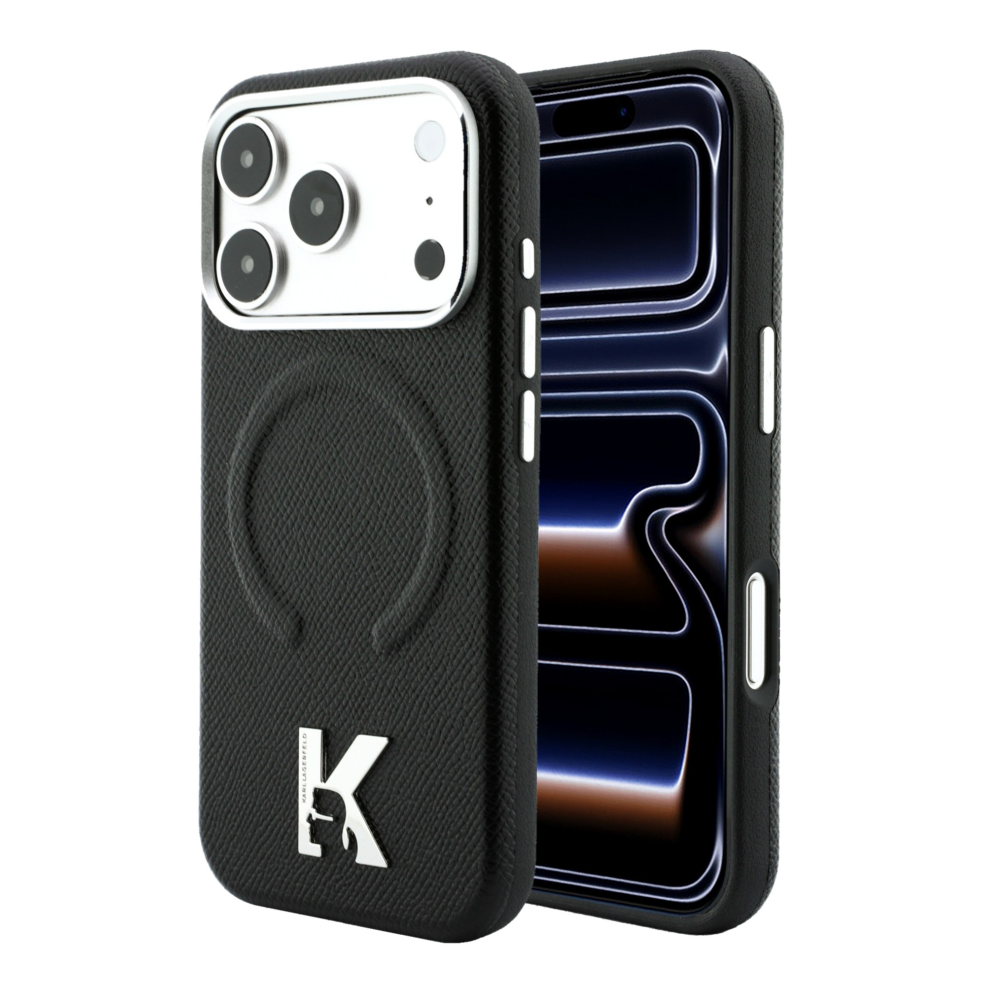 Karl Lagerfeld grūdėtos tekstūros reljefinis žiedas ir Kameo logotipas MagSafe dėklas iPhone 18 Pro / 17 Pro - Juodas aprašymas - Prekės nuotrauka
