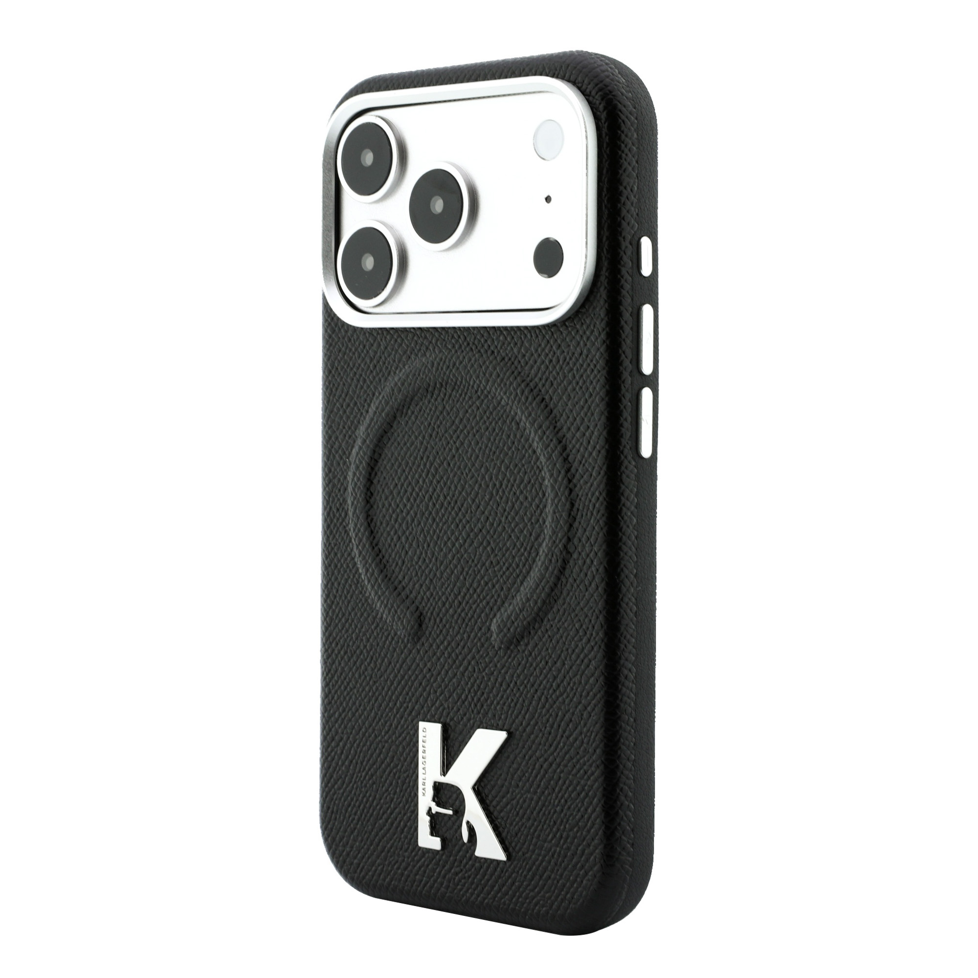 Karl Lagerfeld grūdėtos tekstūros reljefinis žiedas ir Kameo logotipas MagSafe dėklas iPhone 18 Pro / 17 Pro - Juodas aprašymas - Prekės nuotrauka