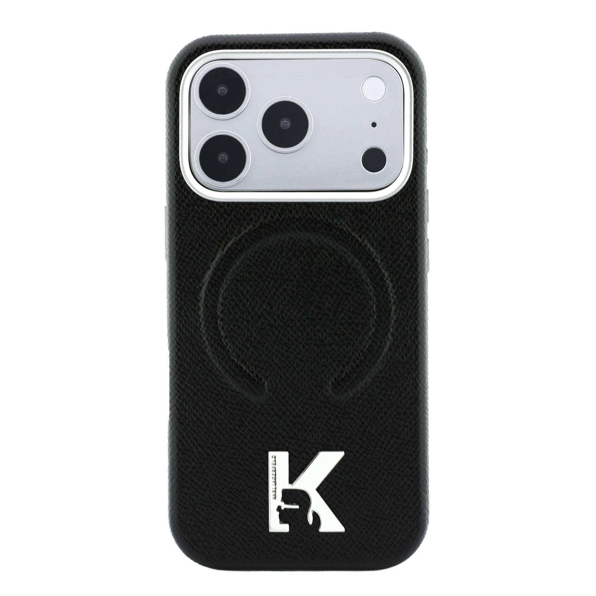 Karl Lagerfeld grūdėtos tekstūros reljefinis žiedas ir Kameo logotipas MagSafe dėklas iPhone 18 Pro / 17 Pro - Juodas aprašymas - Prekės nuotrauka