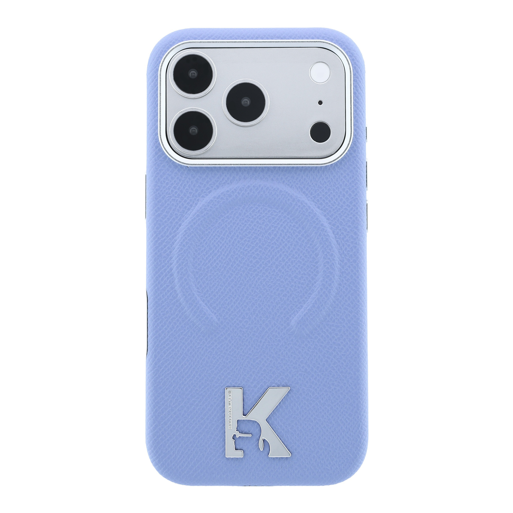 Karl Lagerfeld grūdėtos struktūros įspaustu žiedu ir Kameo logotipu MagSafe dėklas iPhone 18 Pro / 17 Pro - Šviesiai mėlyna aprašymas - Prekės nuotrauka