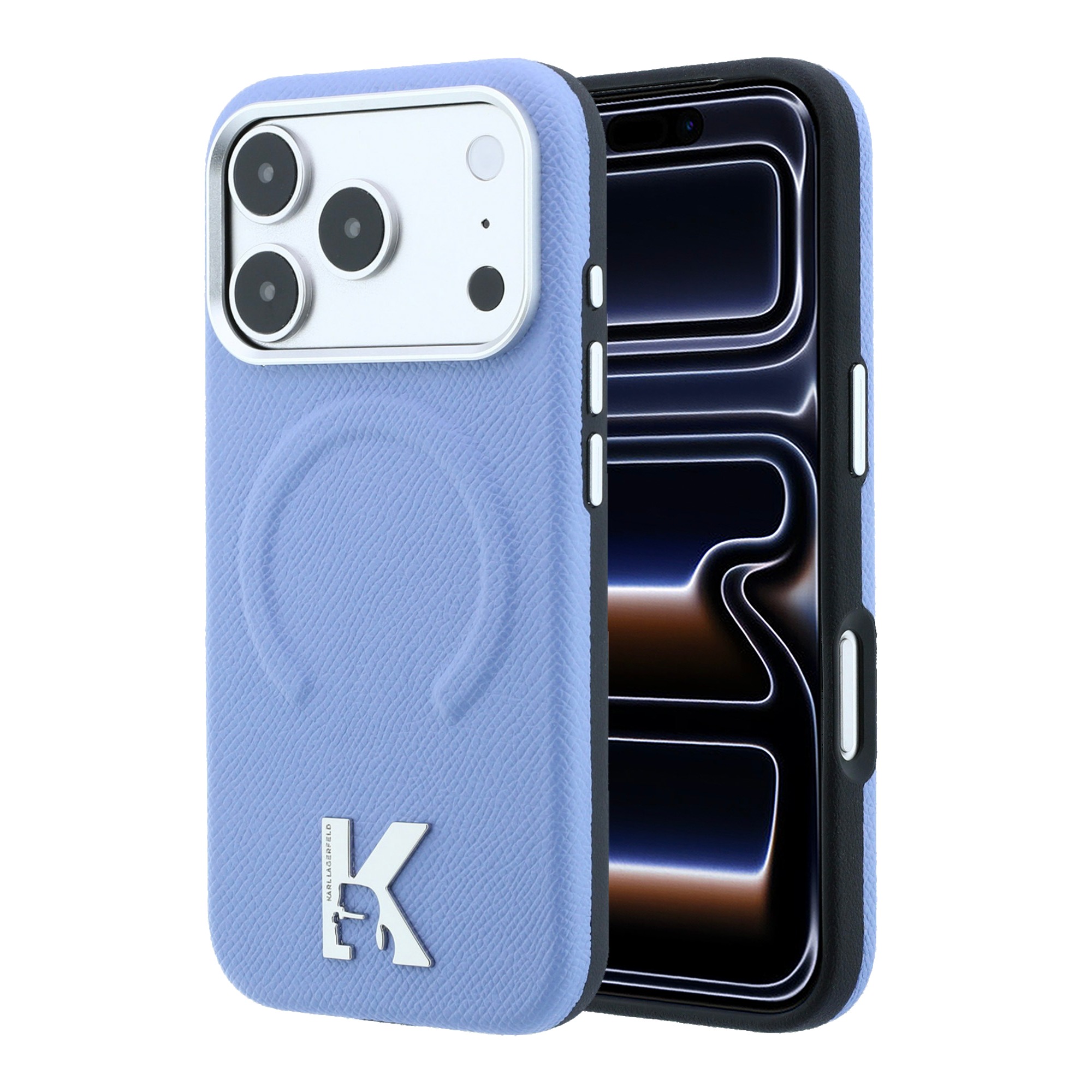 Karl Lagerfeld grūdėtos struktūros įspaustu žiedu ir Kameo logotipu MagSafe dėklas iPhone 18 Pro / 17 Pro - Šviesiai mėlyna aprašymas - Prekės nuotrauka
