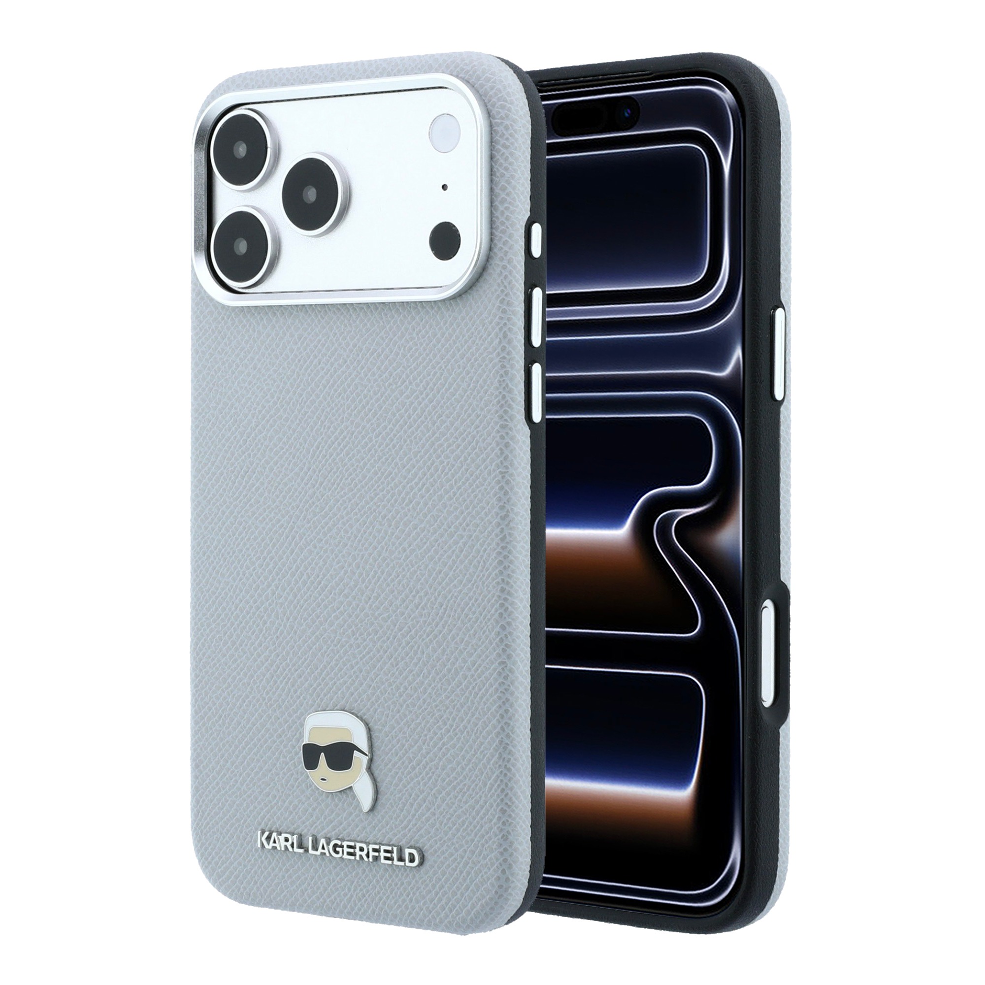Dėklas Karl Lagerfeld Grained Karl Head Metal MagSafe Case for iPhone 18 Pro / 17 Pro - Gray aprašymas - Prekės nuotrauka