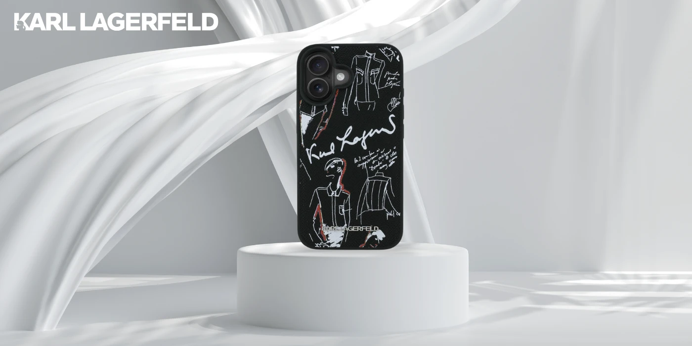„Karl Lagerfeld“ grūdėto rašto ir logotipo „MagSafe“ dėklas, skirtas „iPhone 16“ – Juodas aprašymas - Prekės nuotrauka