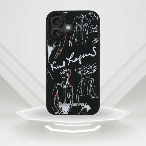„Karl Lagerfeld“ grūdėto rašto ir logotipo „MagSafe“ dėklas, skirtas „iPhone 16“ – Juodas aprašymas - Prekės nuotrauka